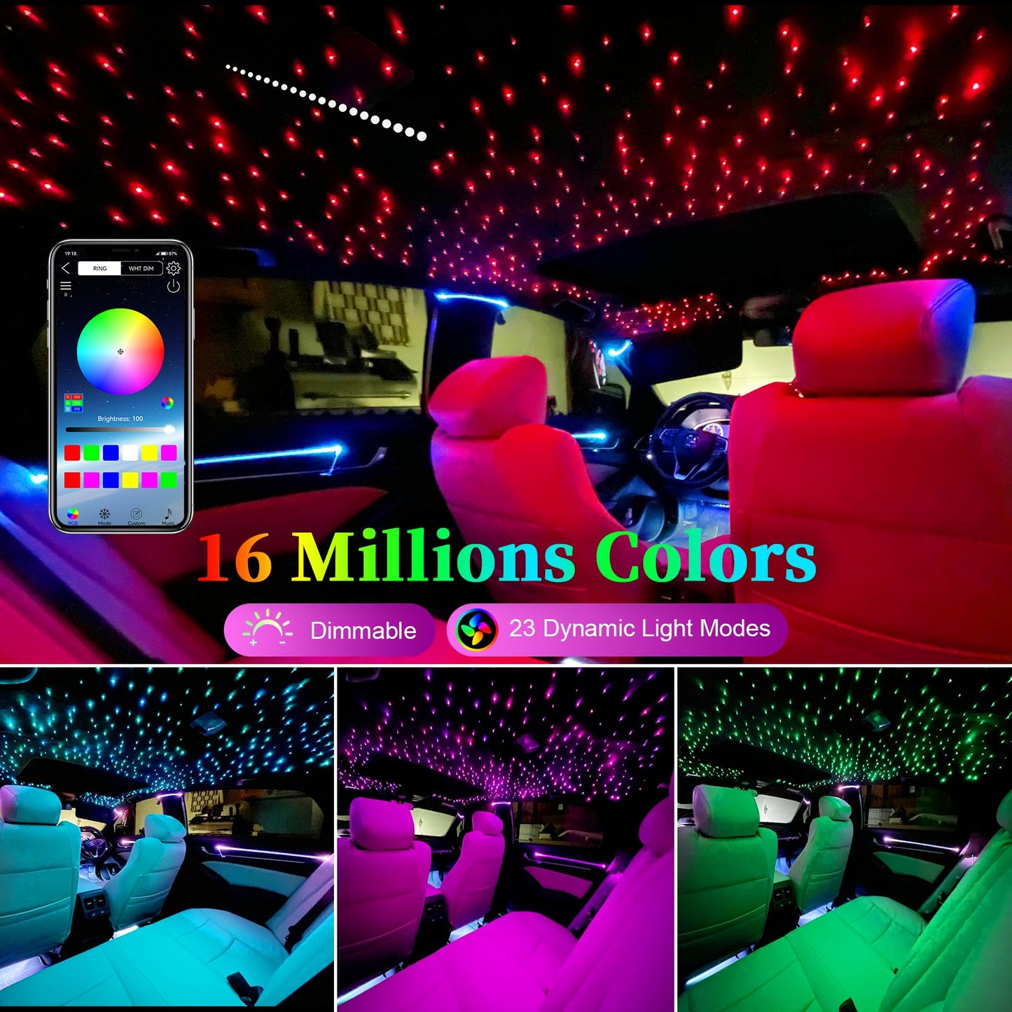 Twinkle & Meteor Starlight Headliner Kit for Car 0.03in x 9.8ft 750 Strands for Ambient Interior Decor 16W RGBW Fiber Optic Star Light Engine, 200 White Shooting Stars