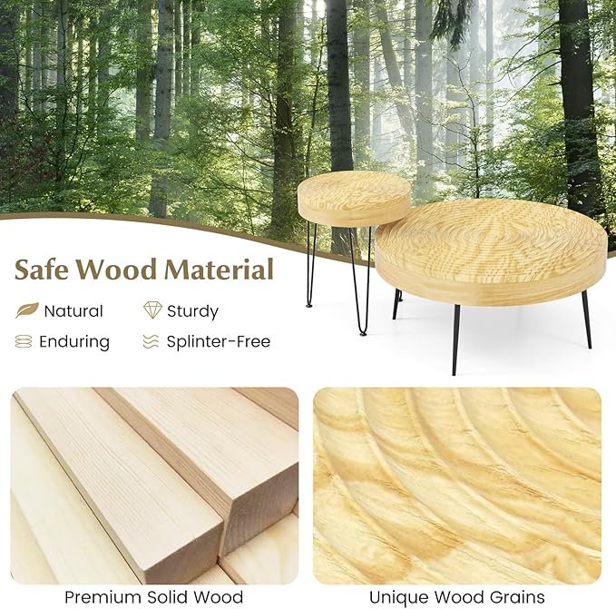 Giantex Boho Round Coffee Table Set of 2, Sofa Side Nesting Table with Solid Pine Wood Top, Metal Legs & Adjustable Foot Pads, 31.5" D Large Table Set for Living Room (Ring Pattern, Natural)