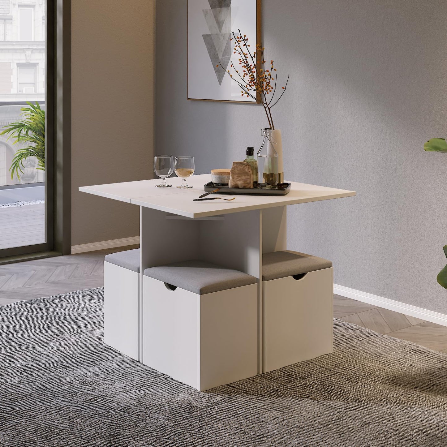 Mondeer 5-Piece Dining Table Set, Small Kitchen Table Set with 4 Stools Compact Space-Saving for Dining Room Kitchen Modern (White and Grey)