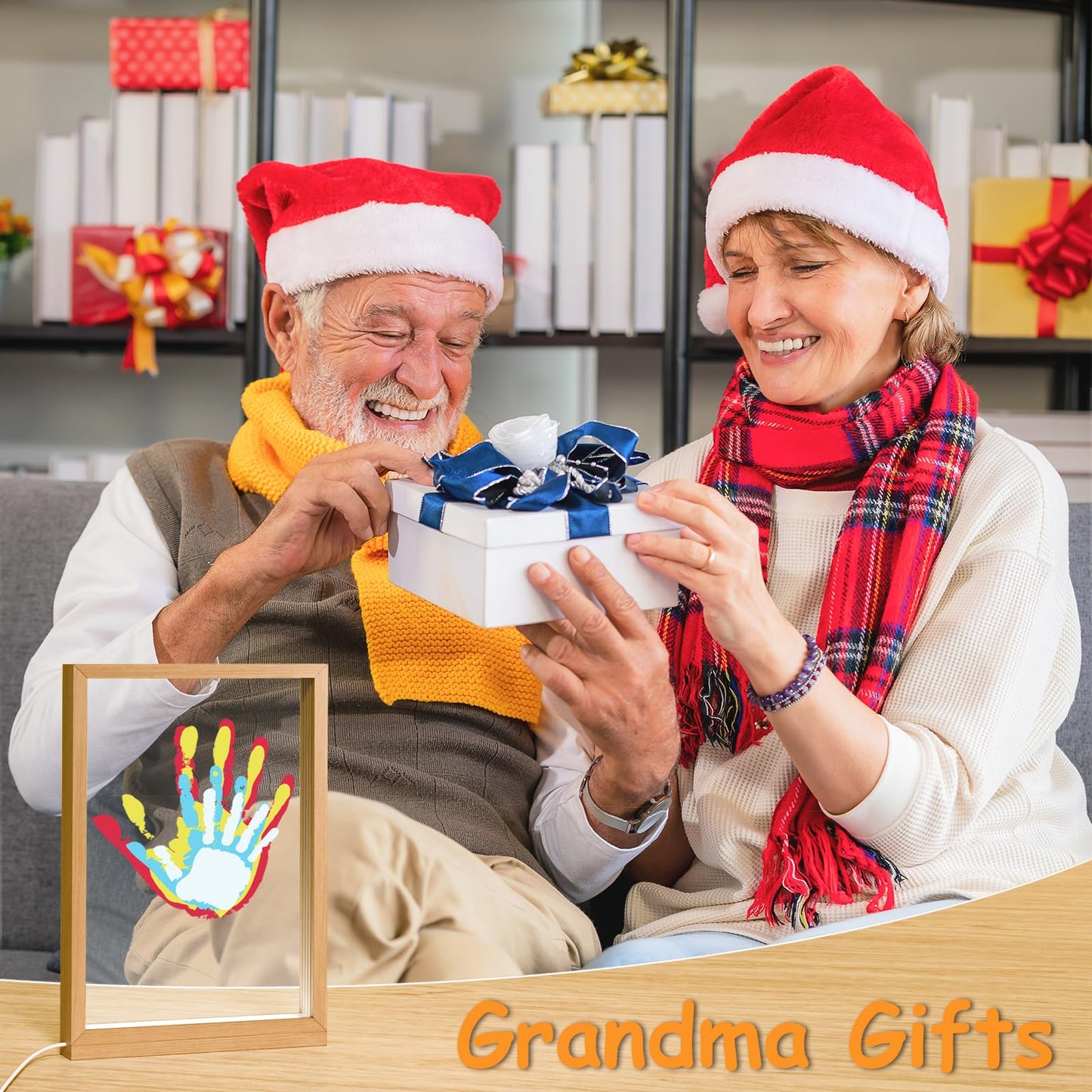 FANTASTIC HOUSE Grandma Gifts, Birthday Gift from Granddaught Grandson Grandchildren, Family Handprint kit with Light, Wooden Color