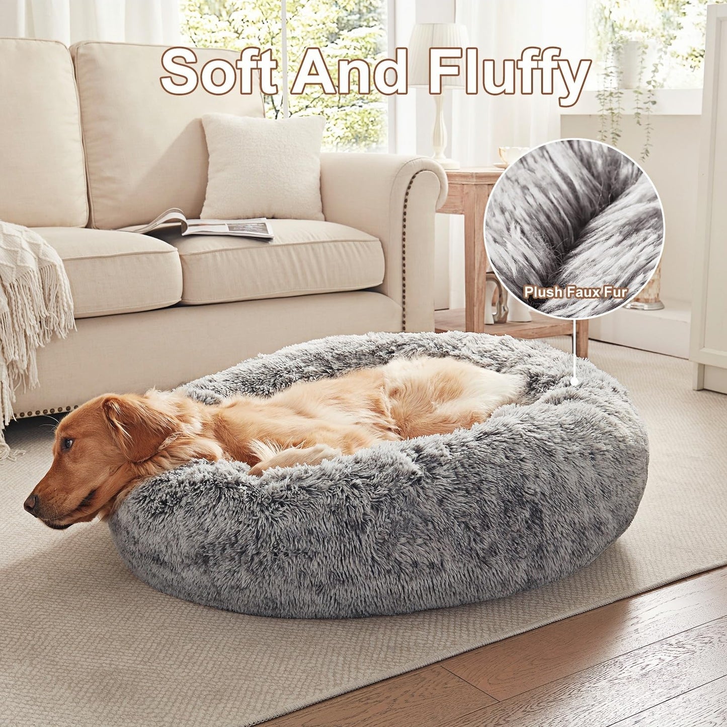BedStill 36 inches Donut Dog Bed for Large Dogs - Calming Fluffy Round Pet Bed with Removable & Washable Cover,Fits up to 100 lbs Pets (Dark Grey,Large)