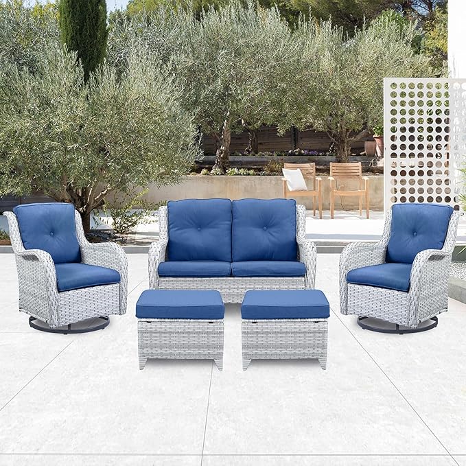 Belord 5 Piece Outdoor Patio Furniture Set - Patio Wicker Furniture Conversation Set, Outdoor Swivel Rocker Chairs with Loveseat Sofa and 2 Ottomans for Small Space, Blue Cushion