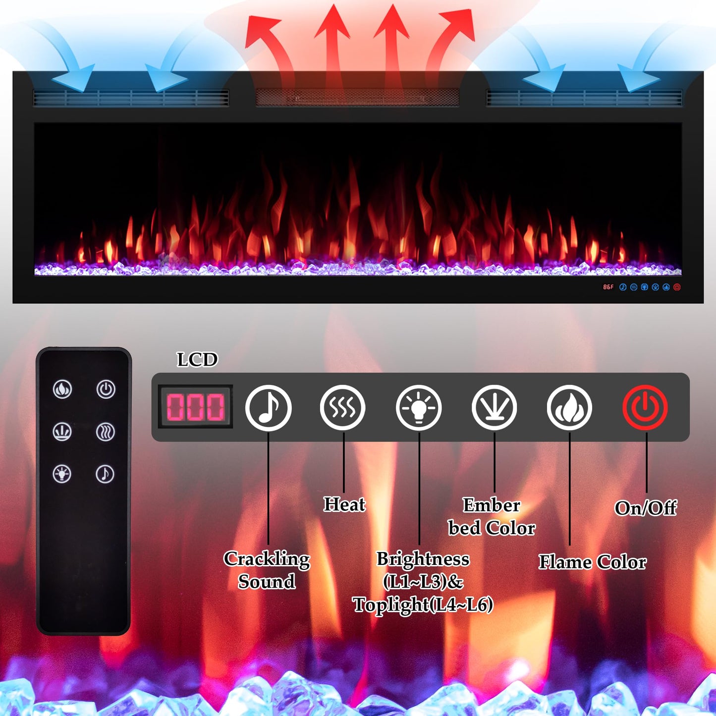 72 inch Electric Fireplace Heater, Smart Control via Alexa& App, Recessed and Wall Mounted Fireplace Insert with Multicolor Realistic Flame Effects,Crackling Sound and Logs& Crystal,5100Btus, Black