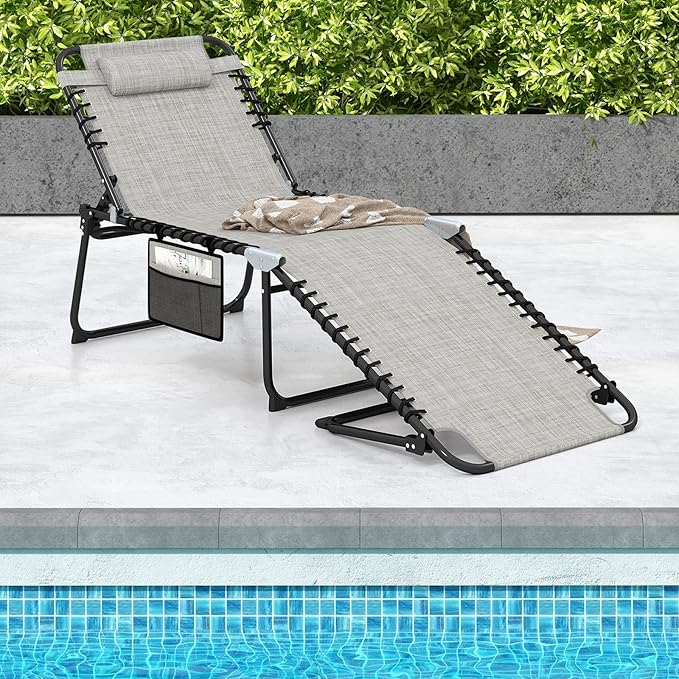 GYMAX Lounge Chair for Outside, 440lbs 27” Oversize Folding Beach Tanning Sunbath Chair with Adjustable Backrest & Removable Pillow, Lightweight Portable Patio Lounger for Lawn Poolside (1, Grey)