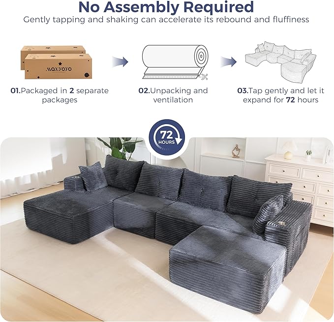 MAXYOYO 132" Giant U-Shaped Modular Sectional Couch, Modern Boneless Couch for Living Room, Sofa in A Box, Oversized Sofa Sleeper with Deep Seat, No Assembly Required, Dark Grey