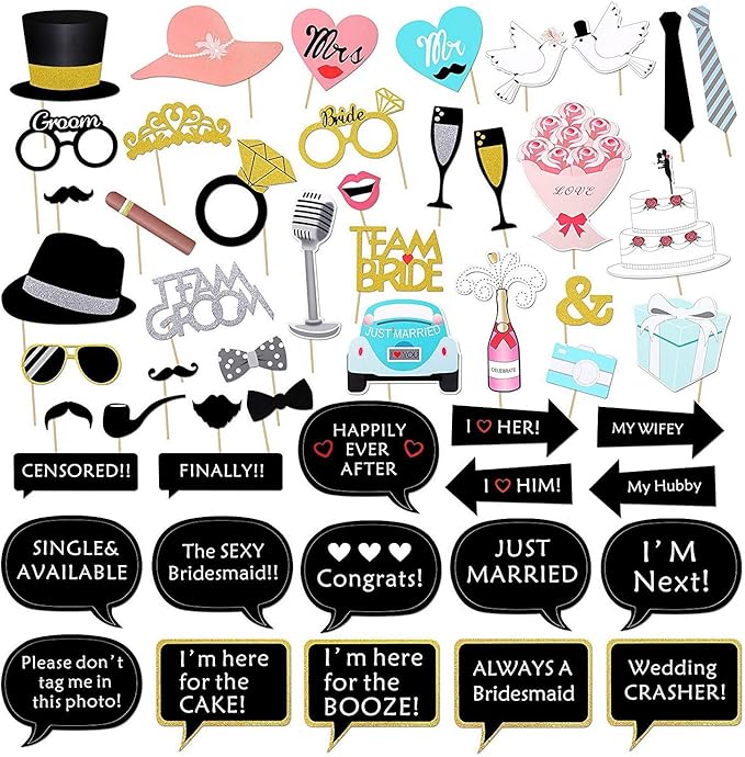 Kotbs 52pcs Wedding Photo Booth Props, Bachelorette Party Photo Booth Prop Kit for Bridal Shower, Engagement and Valentine...