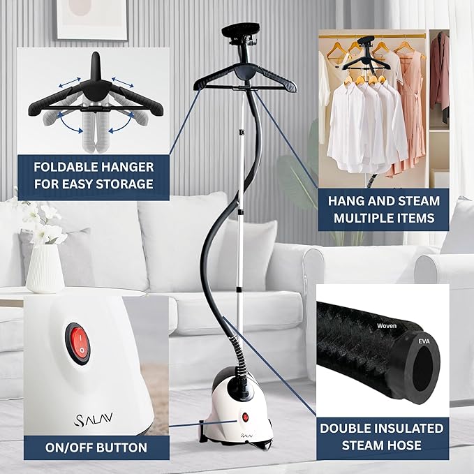 SALAV GS18 Full-Size Clothes Steamer - 1500W Power, 1.8L Water Tank, 60-Min Garment Steam, Iron Clothing, Adjustable Pole & Wheels for Easy Storage, Professional Standing Steamer for Clothes, White