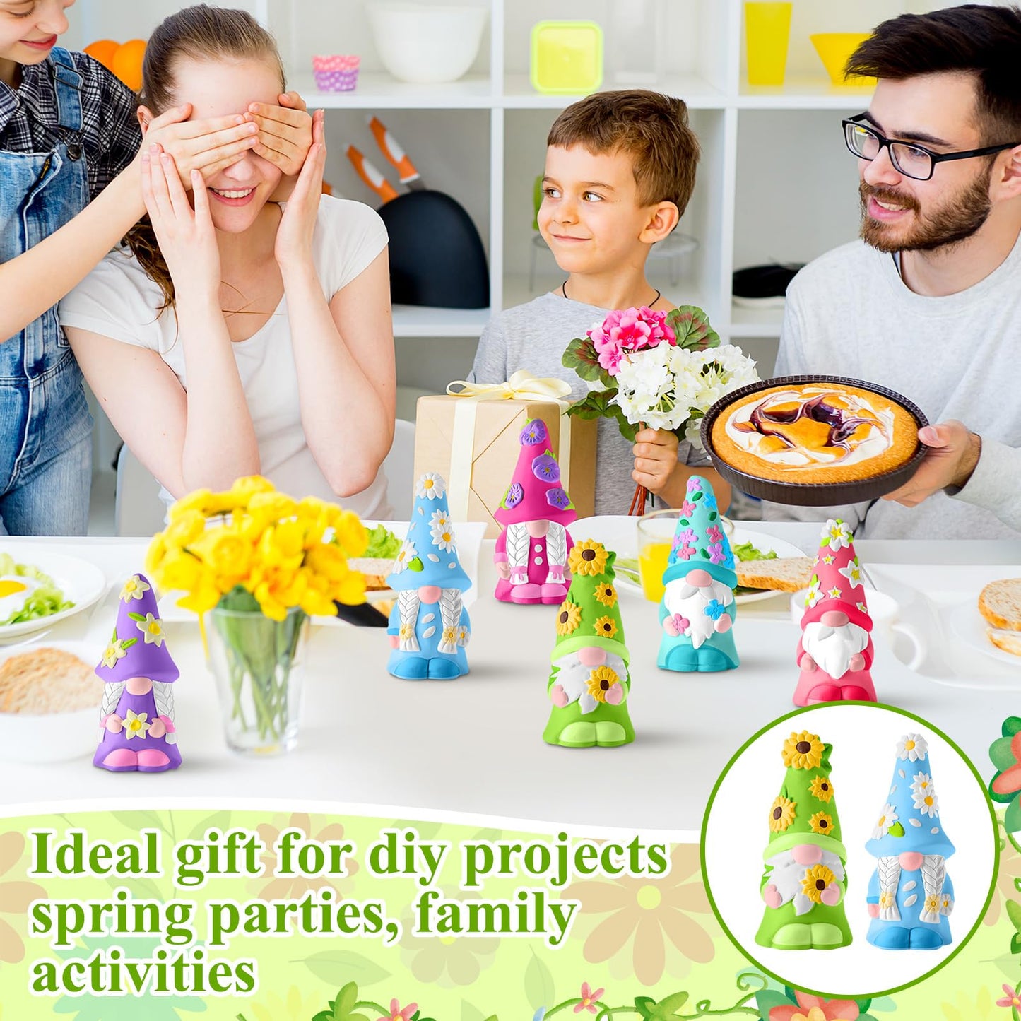 Arrowbash 6 Pcs Spring Ceramics to Paint Ready to Paint Your Own Gnome Statues 5.12 Floral Theme Paintable Figurines DIY Unpainted Sunflowers Ceramics Plaster Crafts Kit with Brush Palette Paint