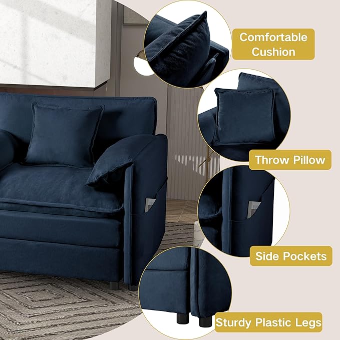 RENDGO 109" Modular Sectional Sofa with 2 Ottoman, Chenille Cloud Couch for Living Room & Apartment, Deep Seat Comfort, Flexible U-Shape Combination Sofa for Home & Office,Blue