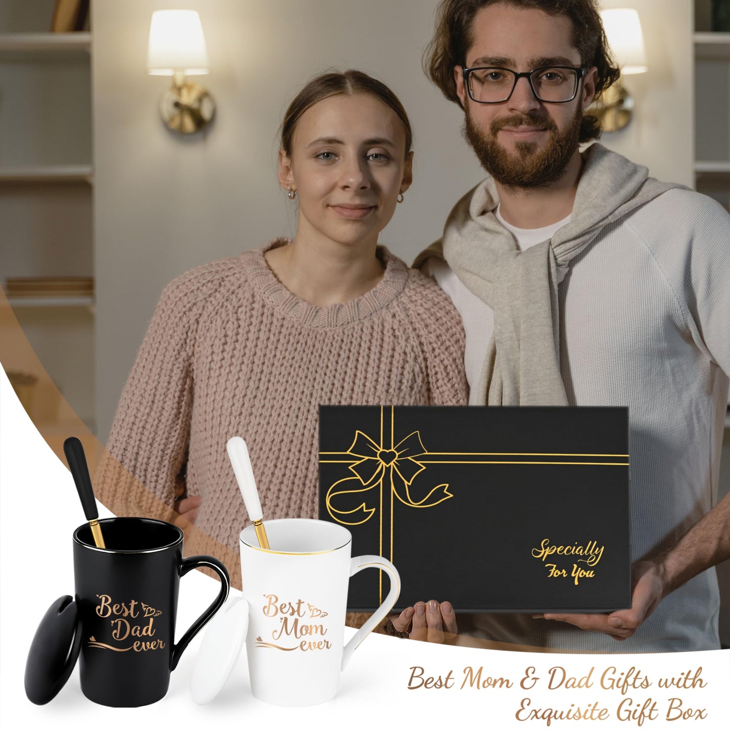 YHRJWN Mom and Dad Gifts, Best Dad and Mom Mug, Christmas Birthday Gifts for Parents from Daughter Son New Parent Couple Gift Set, Christmas 14 Oz Coffee Mug with Gift Box Coaster Spoon