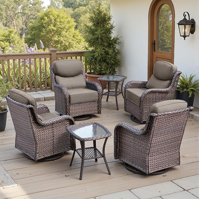 Belord Luxury 6" Thick Cushioned Outdoor Swivel Rocker Patio Chairs Set of 4 with Side Table, High Back Wicker Furniture Set with Ergonomic Zone Back, Conversation Set for Deck Porch - Brown+Beige
