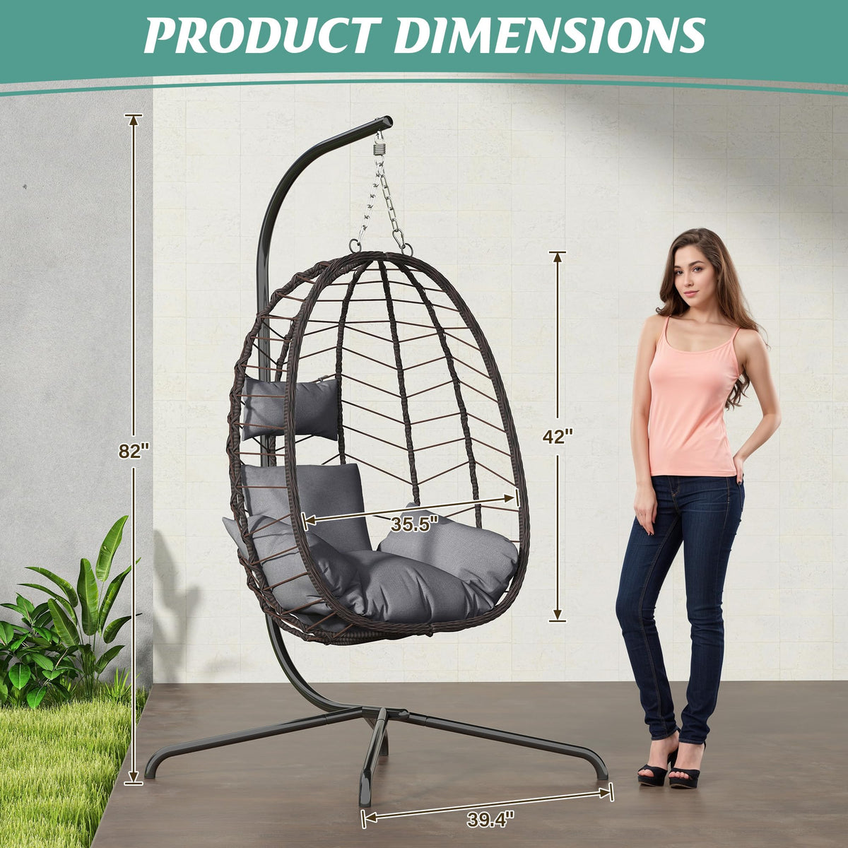 LEX CRAFT Hanging Egg Chair with Stand, Swinging Egg Chair Outdoor Indoor, Hanging Basket Chair with Cushion, Patio Wicker Hammock Chair 350lbs Capacity for Bedroom, Balcony, Backyard, Garden (Grey)