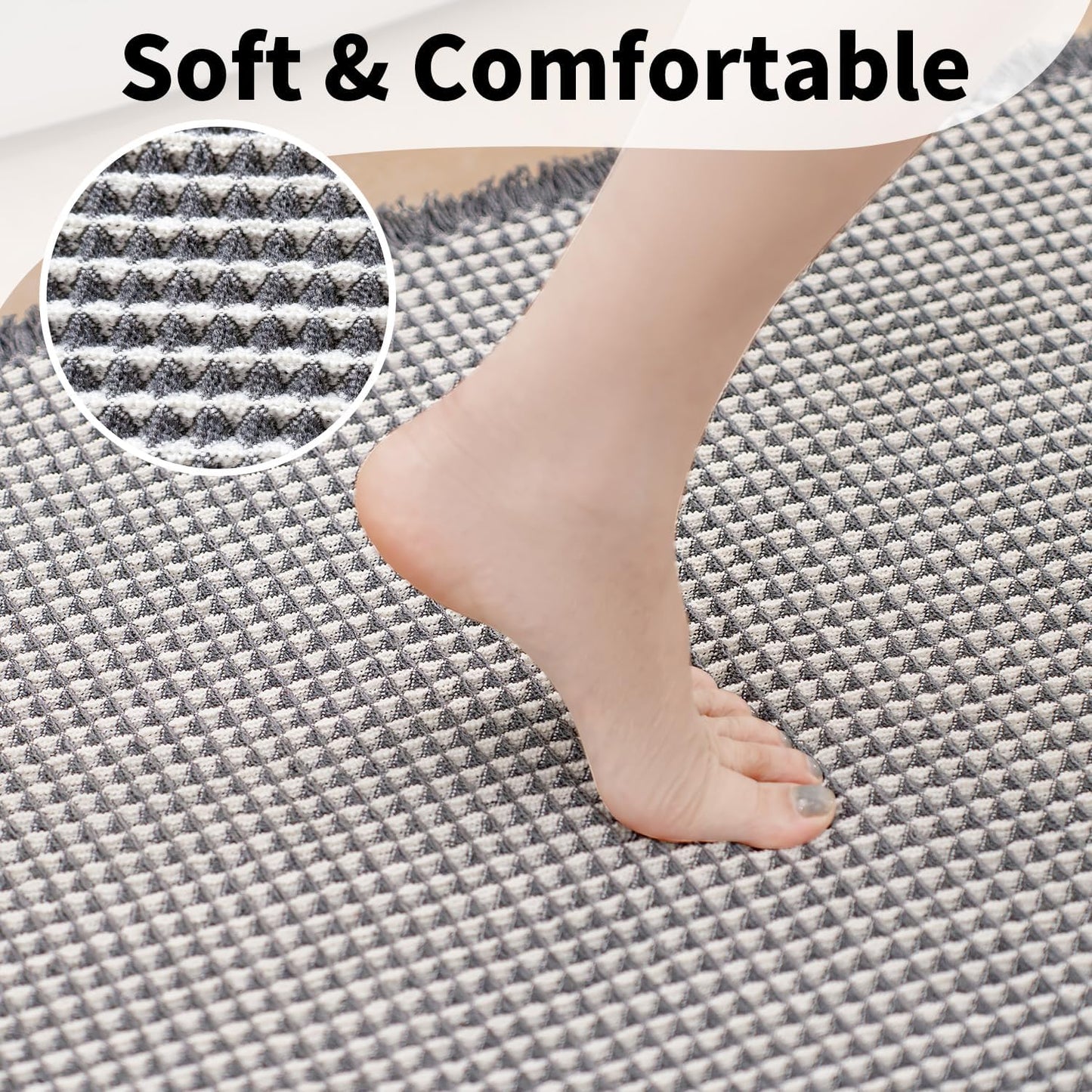Waffle Runner Bath Mat - Long Boho Bathroom Rugs Non Slip Washable, Super Absorbent & Quick Dry, Soft Bath Mat Farmhouse Bathroom Decor, 24'' x 72'', Dark Grey and White
