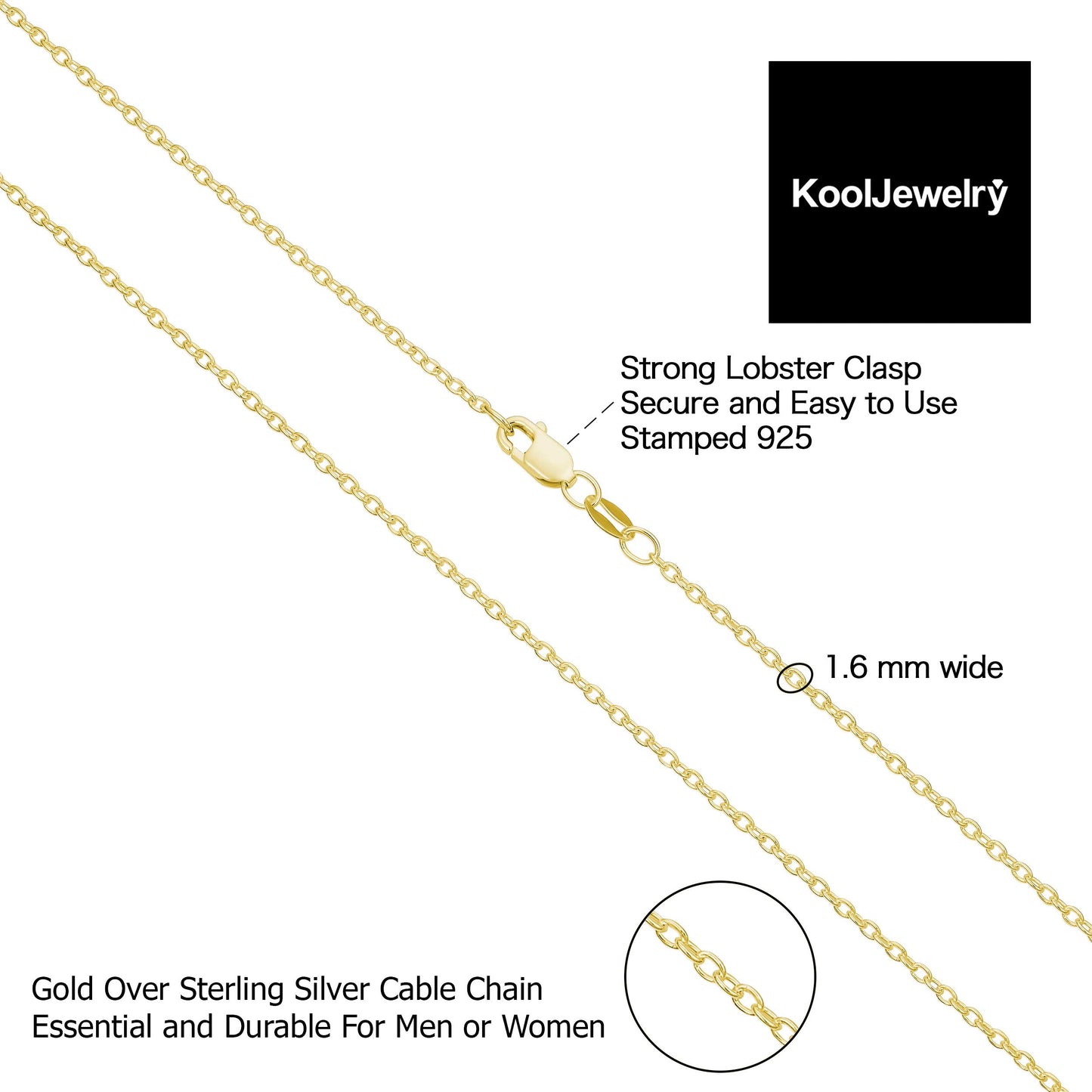 Kooljewelry Yellow Gold Over Sterling Silver Round Cable Chain Necklace (1.6 mm, 30 inch)