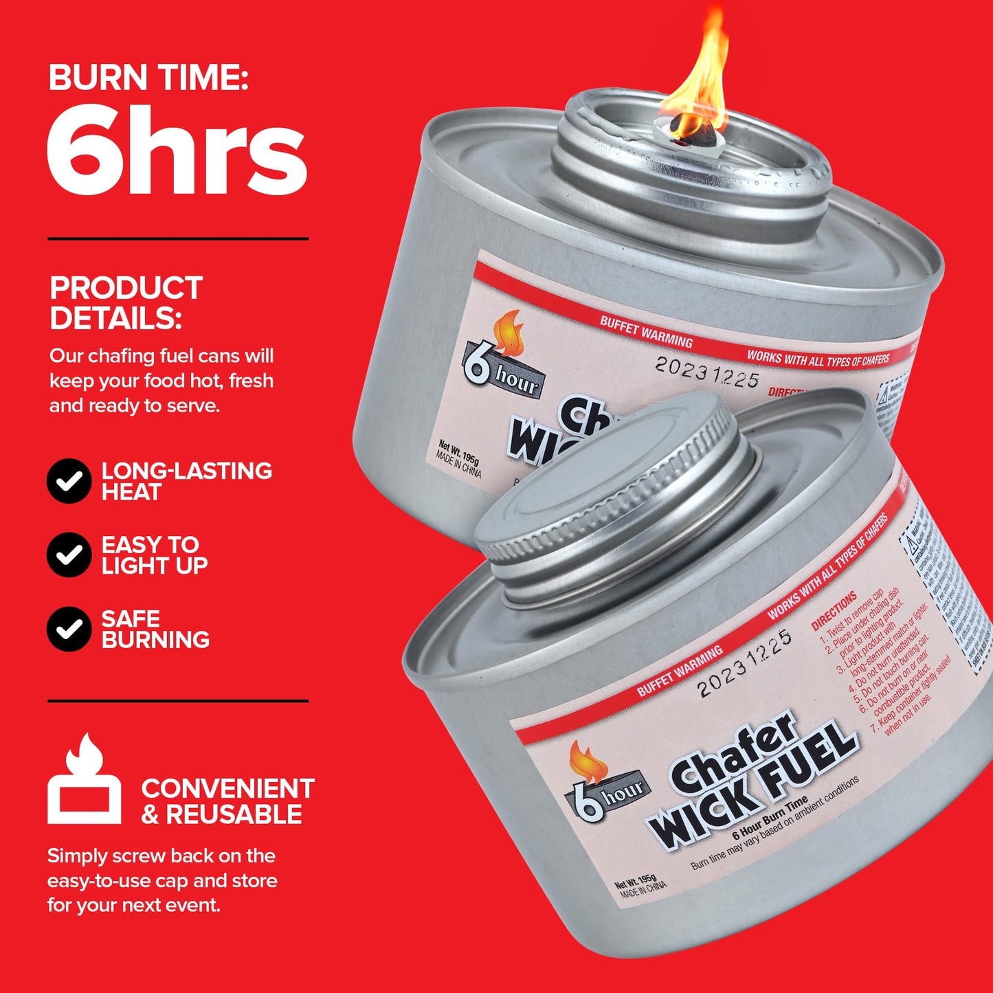 6-Hour Food Warmers for Parties (24 Pack), Chafing Fuel Cans with Wick and Safety Twist Cap, Catering Food Warmers for Buffets, Parties, Weddings, Long Lasting Burners for Food Warmer, Food Heater