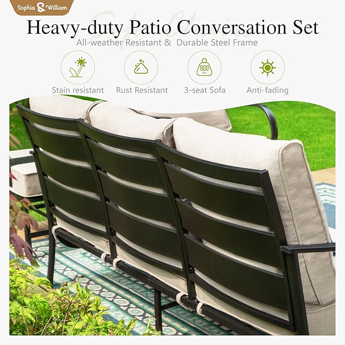 Sophia & William Patio Furniture Sets for 9 with 45" Gas Fire Pit Table Outdoor Conversation Sets 8 Pcs, 2xSofa Chairs, 2xSwivel Cushion Chairs, 1x3-Seat Sofa, 2xOttomans for Porch Poolside Beige