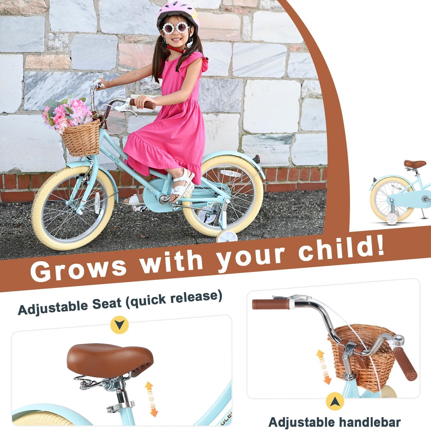 Glerc ‎Little Molly 12 Inch Kids Bike, Retro Cruiser Girls Bicycle for Children Ages 2-4 Years Old, Toddler Bike with Wicker Basket & Training Wheels, Blue