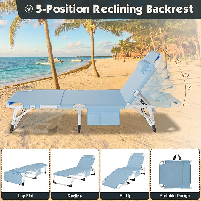 MOPHOTO Tanning Lounge Chair 5-Position, Outdoor Sunbathing Chairs Folding Chaise Lounge, Sun Tanning Lounger with Face Hole, Perfect for Pool Beach Patio Sunbathing