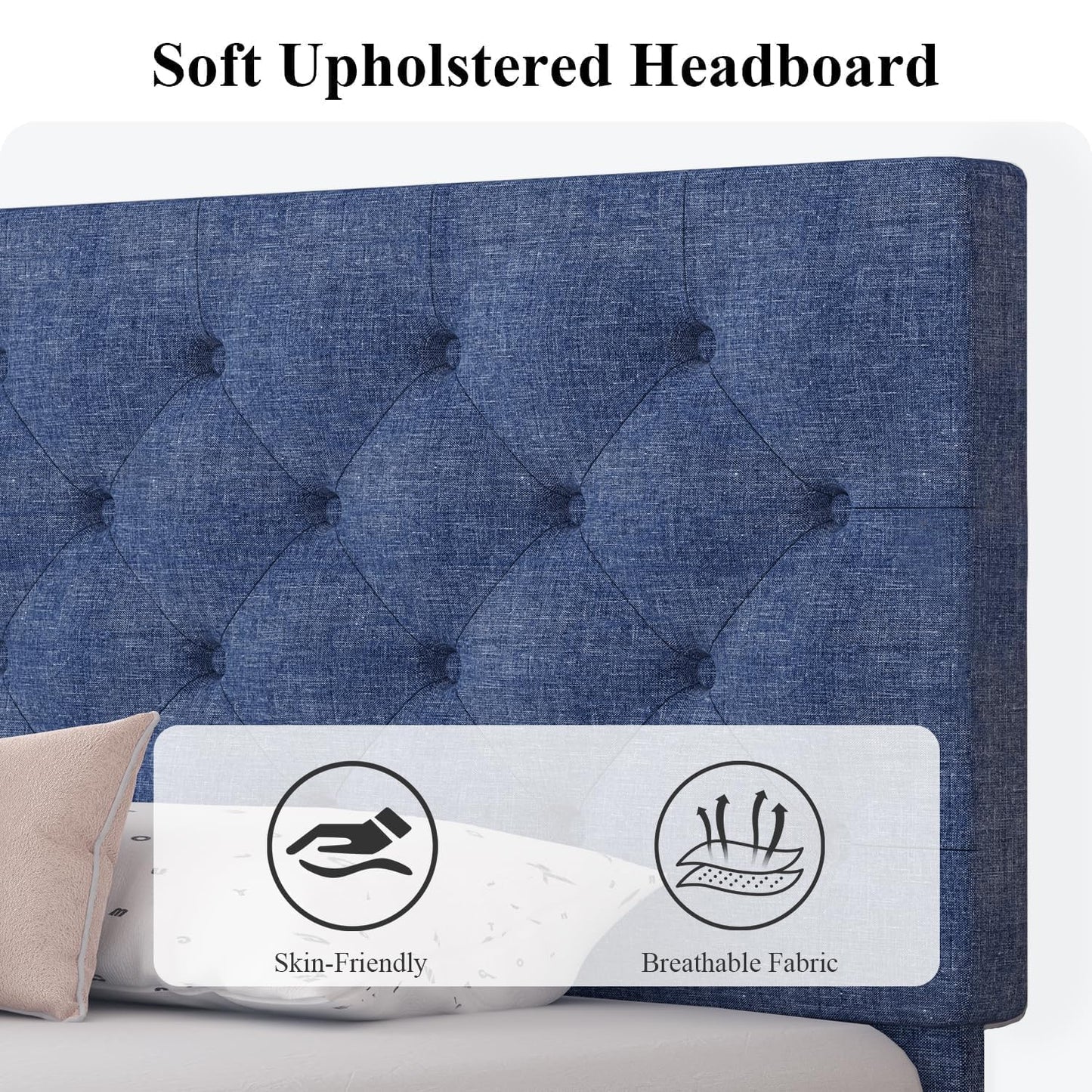 HOMBCK Twin Size Bed Frame with Adjustable Headboard, Blue Linen Fabric Upholstered Bed Frame for Kids, Strong Wood Slat Support, Button Tufted Design, No Box Spring Needed, Blue