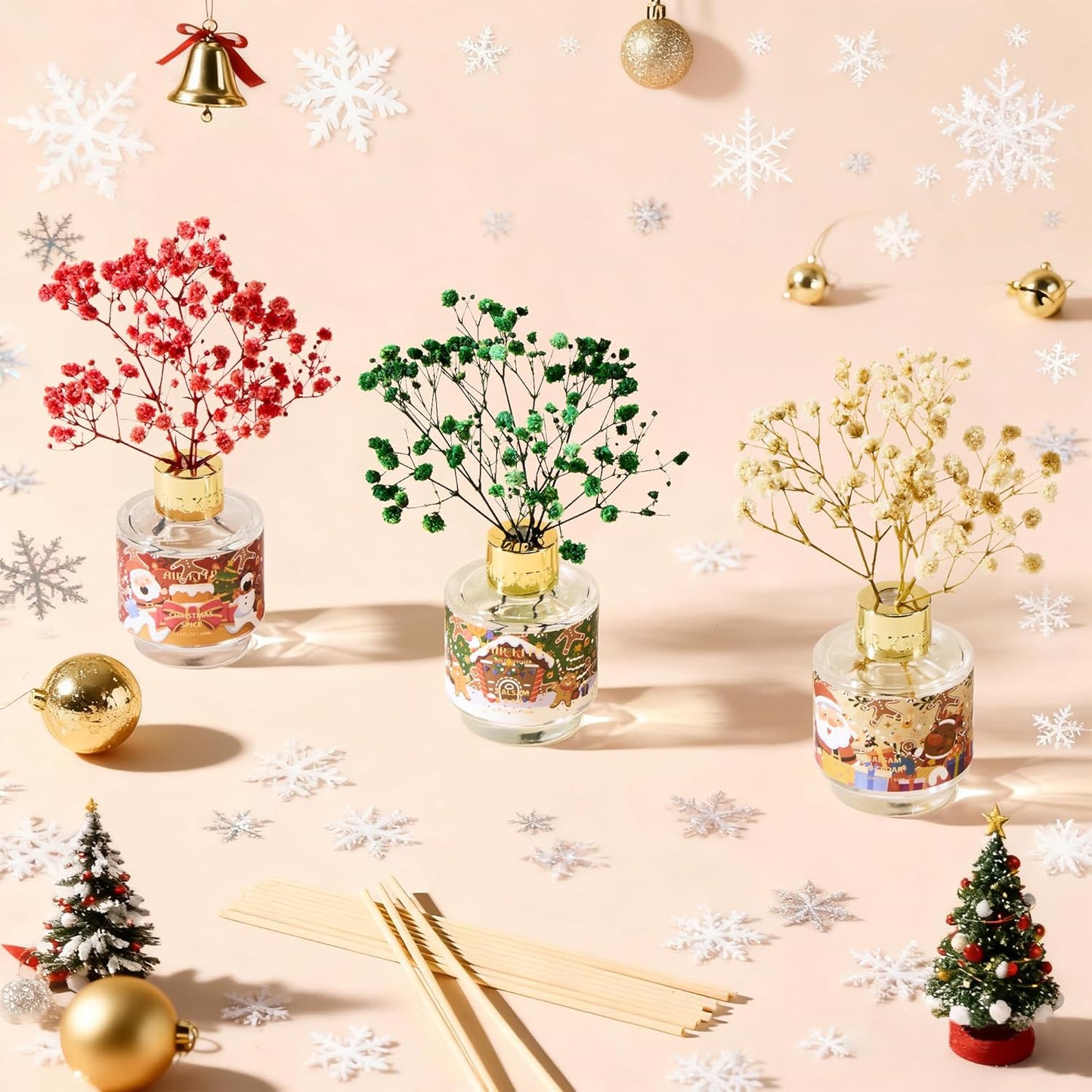 Airkeep Reed Diffuser Set of 3,Balsam & Cedar Balsam & Fir Christmas Spice Oil Reed Diffusers for Bedroom Living Room Office Aromatherapy Oil Reed Diffuser for Gift 50ml x 3