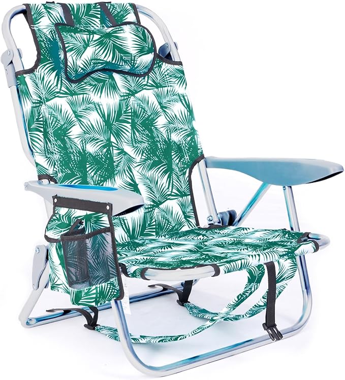Canpsky Portable Beach Chair for Adults, Outdoor Camping Chair Lay Flat Folding Backpack Beach Reclining Chair with 5 Positions, Headrest, Cup Holder, Heavy Leaf
