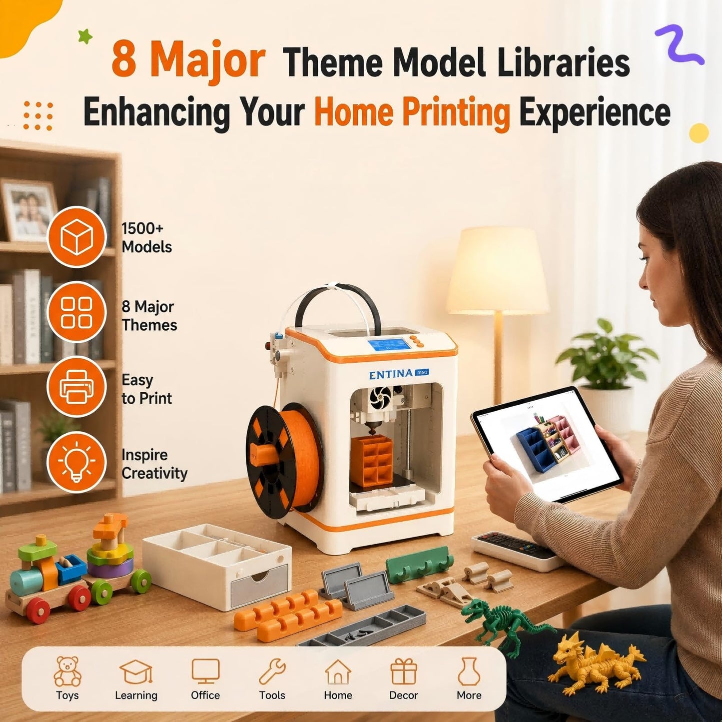 Entina Tina2C 3D Printer for Kids & Beginners, Fully Assembled Starter Mini 3D Printer, Start in 8 Mins, App & WiFi Control, Auto Leveling, 1500+ Model Library, 20+ Creative DIY Modules for STEM, Home