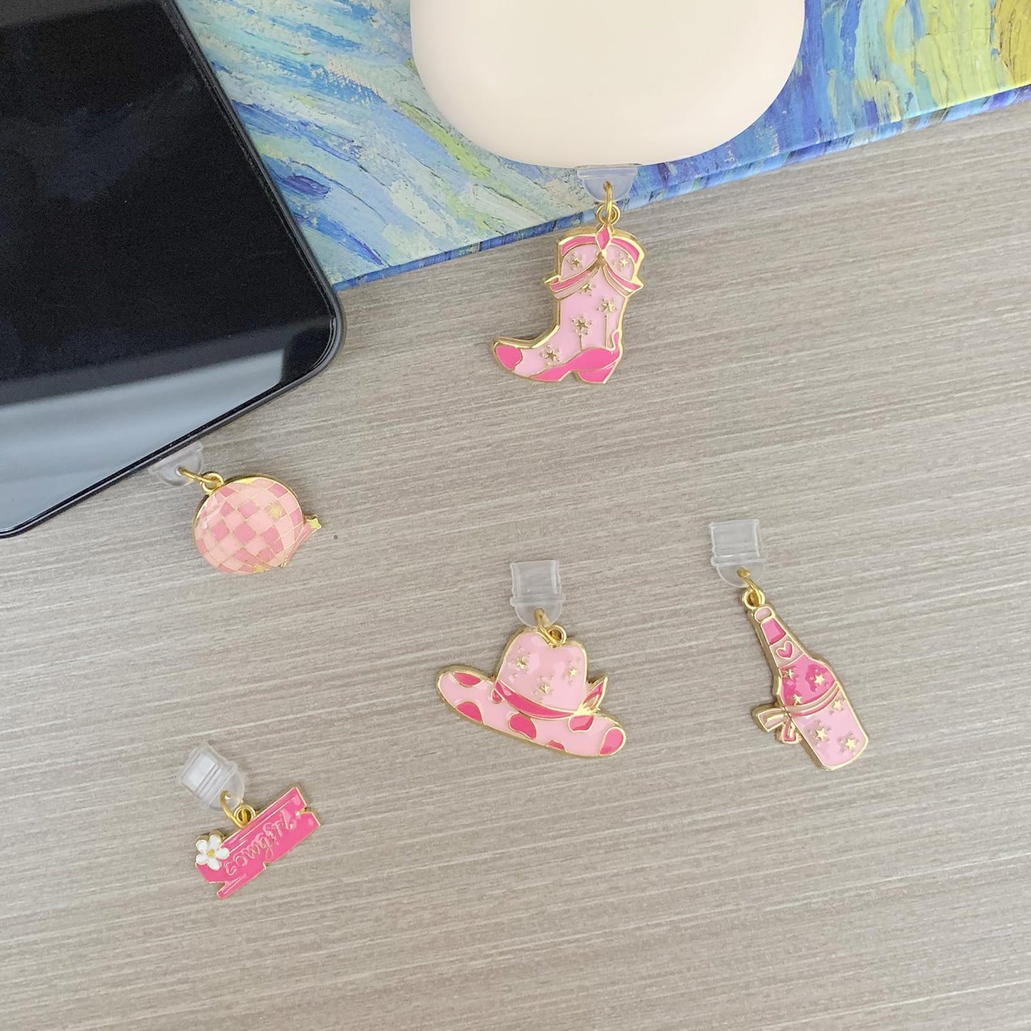 Bolkine 5 Pcs Dust Plug Charms For Kindle, Pink Cowgirl Style Charm Compatible With E-Reader And Smart Devices Type C/Usb C Char