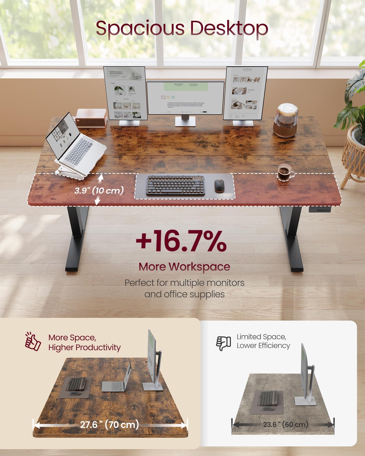 VASAGLE Electric Standing Desk, 63 x 27.6 Inches Height Adjustable Desk, Sedentary Reminder, 4 Memory Heights, for Home Office, Rustic Brown ULSD316KD02S