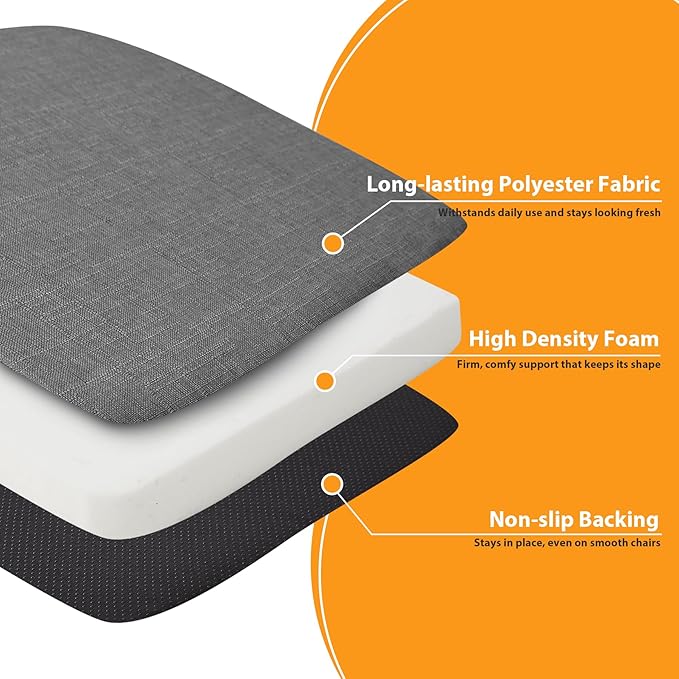 Ruqmuis Chair Cushions for Dining Chairs, 2" Thick Seat Cushions for Kitchen Chairs, D-Shaped Chair Pads with Washable Cover, Ties and Non Slip Backing, 17'' x 16'', Set of 4, Dark Grey
