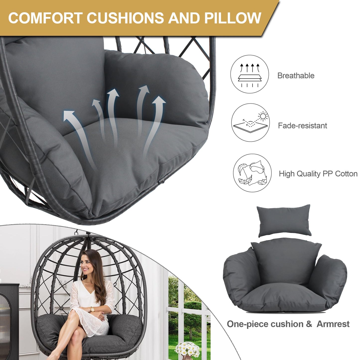 CHINNLUU Outdoor Hanging Egg Chair Outdoor Foldable Wicker Swing Chair with Stand UV Resistant Cushion 350lbs Capacity for Patio, Garden and Balcony