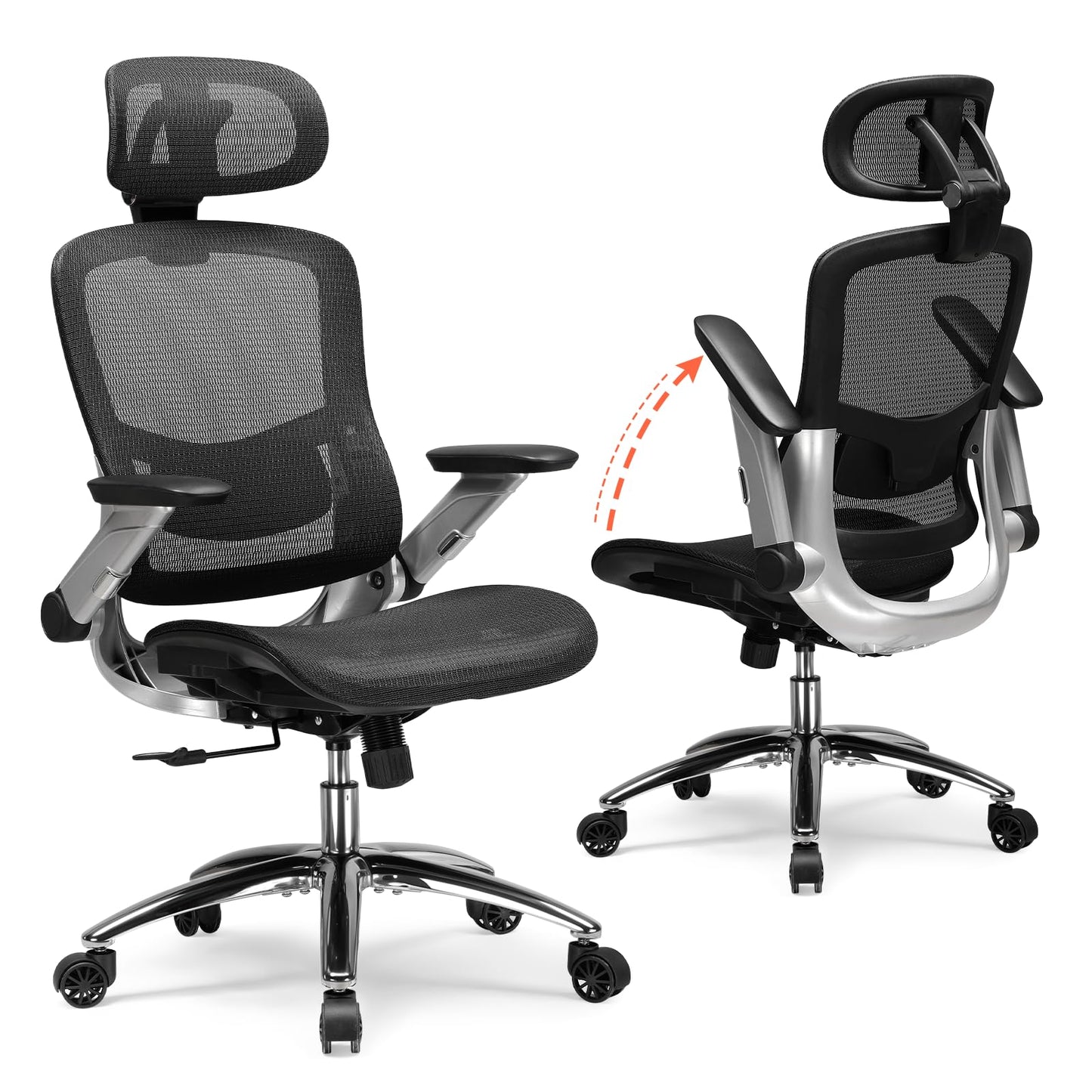 GTPLAYER Big and Tall Ergonomic Mesh Office Chair, High Back Home Desk Chair Computer Gaming Chair with Headrest, Flip-Up Arms, 90-125° Tilt Lock and Wide Cushion, Task Chair for Man Woman-Deep Black