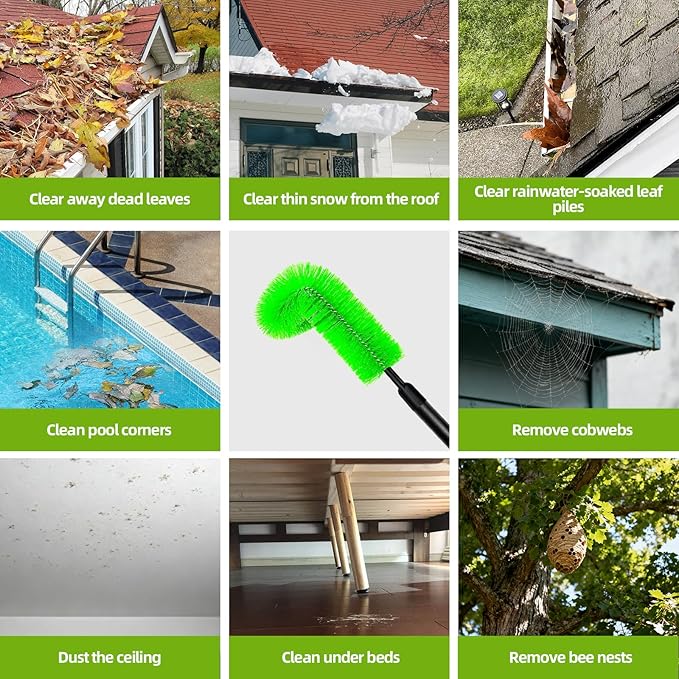 13 FT Gutter Cleaning Tool, Roof Gutter Brush, Clear Leaves from Roof Gutters Without a Ladder, Includes 2 Cleaning Brushes & Green