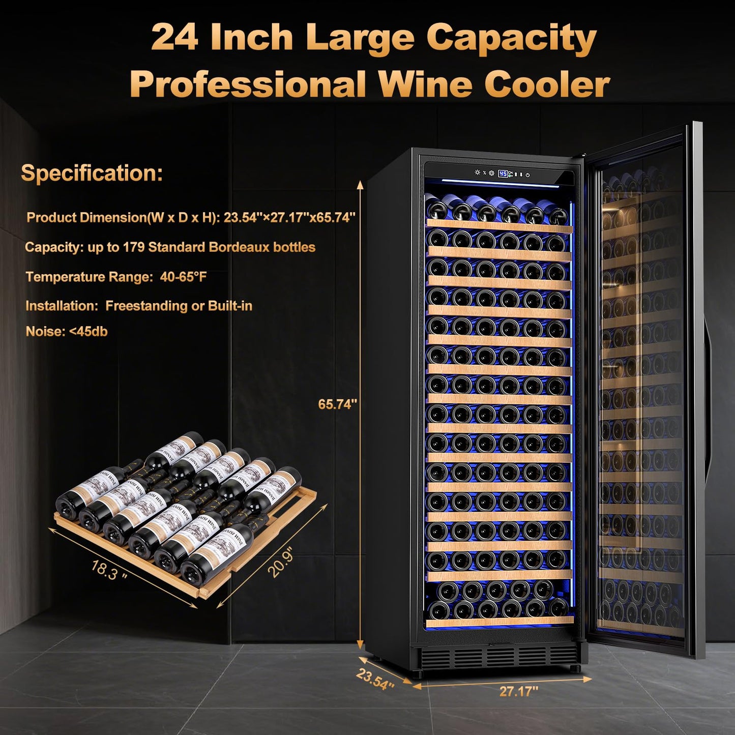 Velieta 24 Inch Wine Cooler Refrigerator,179 Bottles Wine Fridge Large Capacity Professional Wine Cellars with Powerful Compressor,Quiet Operation and Elegant Design, Black