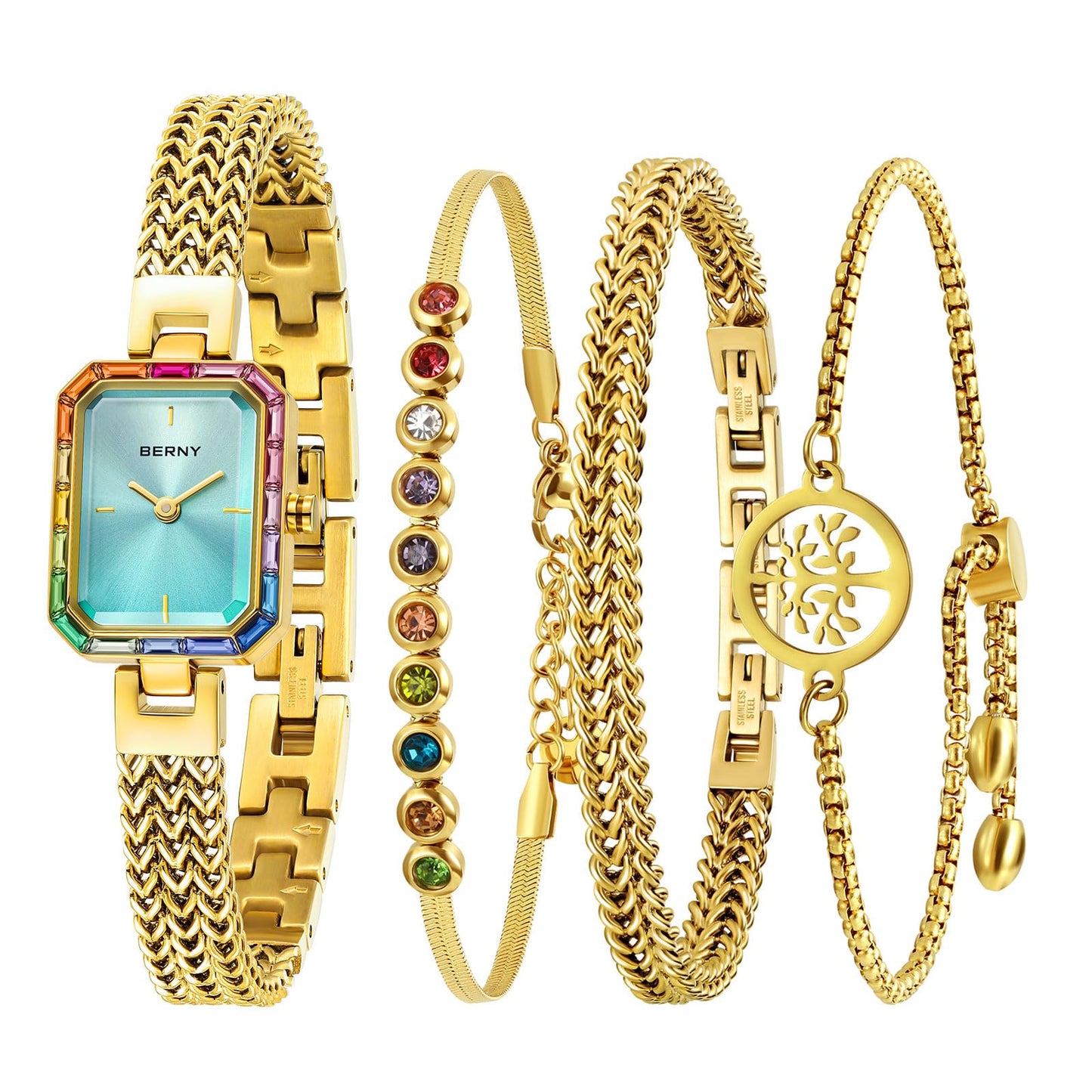 BERNY Gold Watches for Women Dainty Quartz Bracelet Watch Ladies Wrist Watch and Bracelet Set Coloured Stones Accented Fashion Luxury Birthday Gifts for Women-Glacier Blue Dial