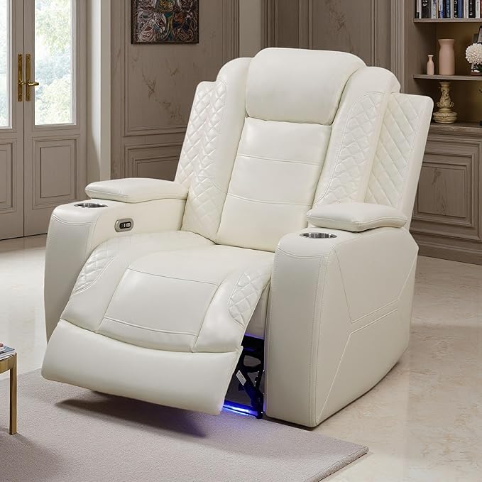 Toseslo Power Recliner Chair Set, Leather Reclining Sectional Couch with Adjustable Angle, Living Room Furniture Sets, Modern Reclining Single Chair with Armrests and Backrests for RV(Creamy White)