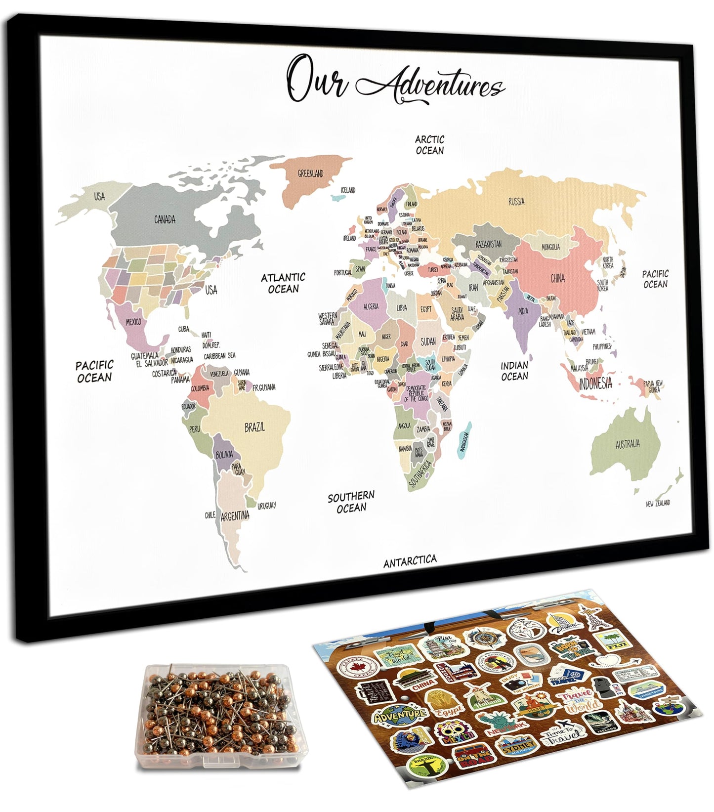 flinelife World Map Pin Board,16X12, World Travel Map With Pins, Perfect For Couples or Retirement Gift