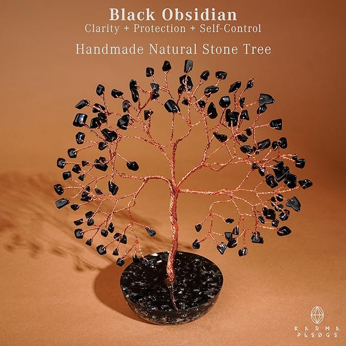 7 Chakra Black Obsidian Crystal Tree of Life Positive Energy & Good Luck, Money, Feng Shui Decor, Home and Office Desk Decoration, Spiritual Gifts for Women, for Dad