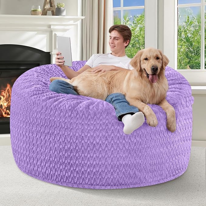 4FT Bean Bag Chair,Giant Bean Bag Chairs for Adults,Big Bean Bags with Memory Foam Filled, Large Beanbag Chairs with Chevron Plush Cover-Purple