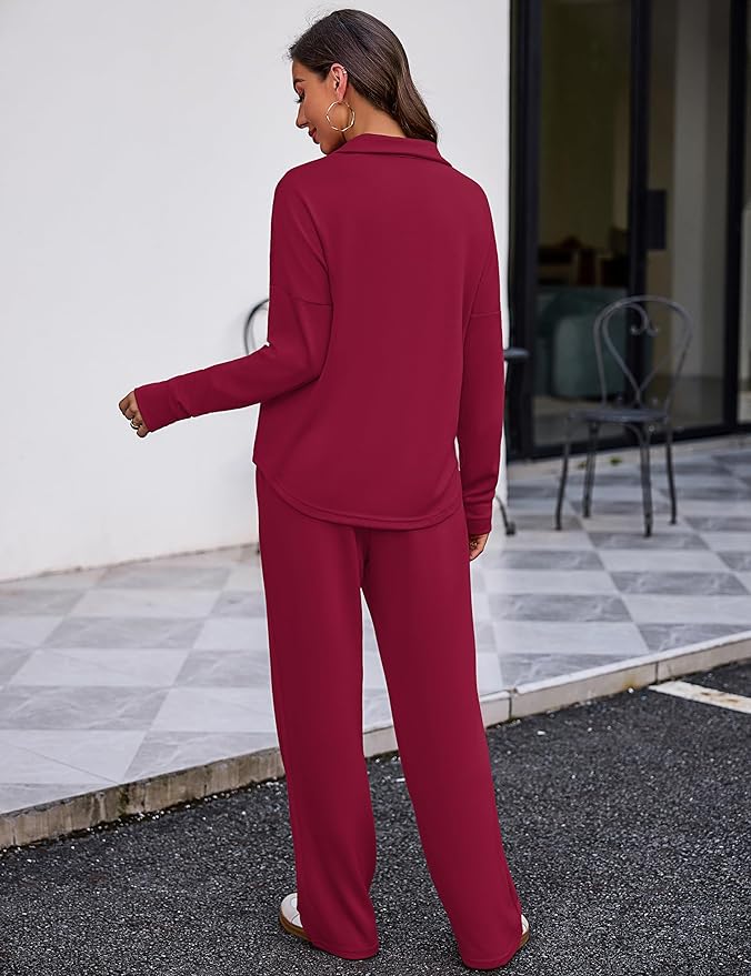 Totatuit Womens Sweatsuits 2 piece Set Lapel Half Zip Lightweight Sweatshirts and Wide Leg Pants Tracksuit Lounge Sets