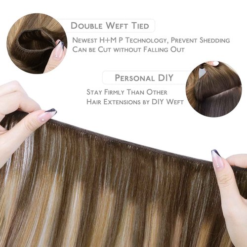 WENNALIFE Sew in Hair Extensions Real Human Hair, 20 Inch 100g Balayage Chocolate Brown to Caramel Blonde Machine Weft Remy Hair Hand Tied Weft Straight Extensiones De Cabello Hmano