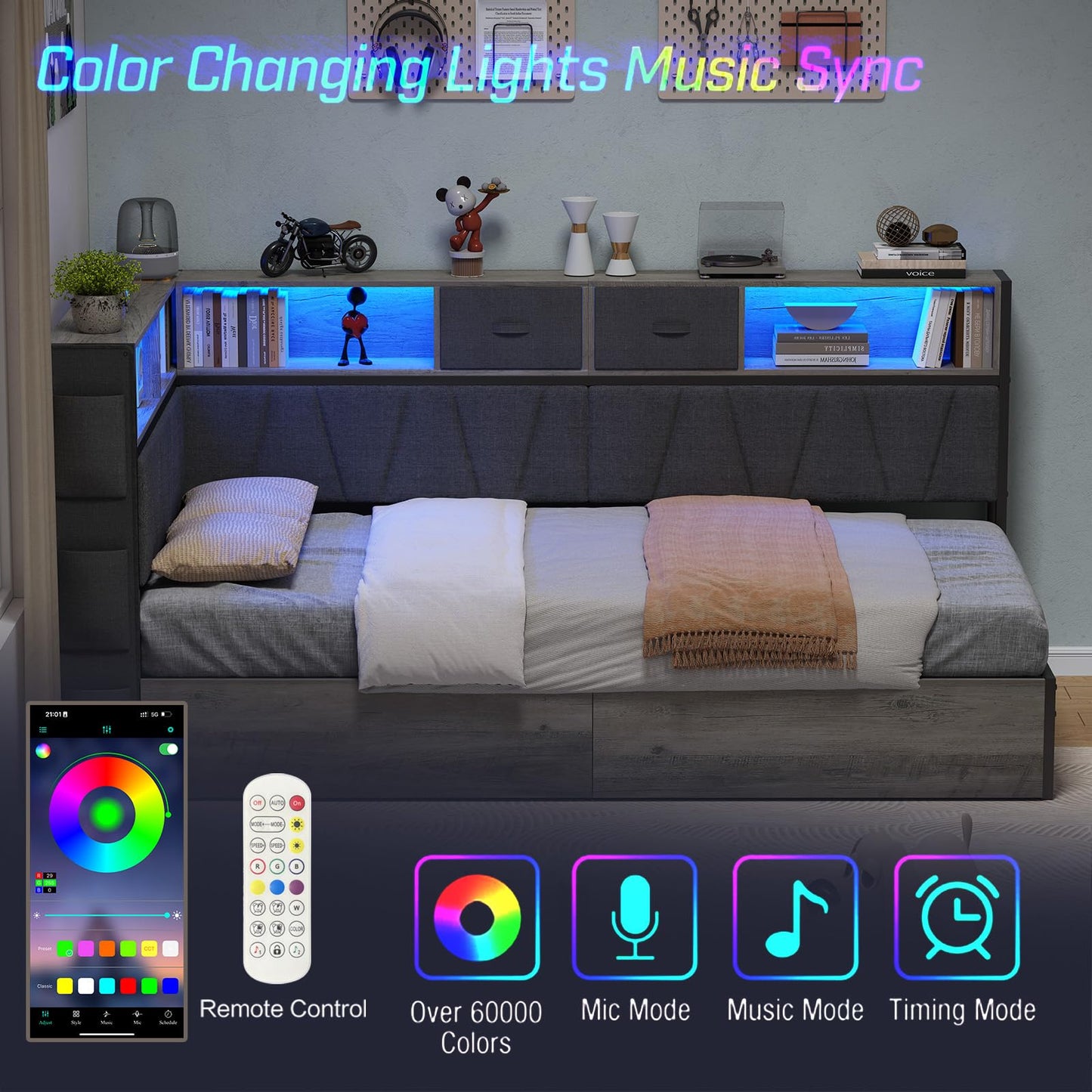 Twin XL Corner Bed Frame with Storage Bookcase, Kids Bed Unit with Charging Station and LED Light, Twin XL Size Platform Beds with Storage and Charging Station, with 2 Underneath Drawers, Grey