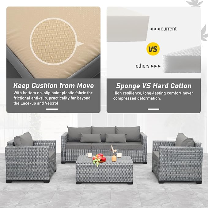 4 Piece Wicker Patio Furniture Sets Outdoor Conversation Set PE Rattan Sectional Sofa Couch with Storage Table and Grey Cushions