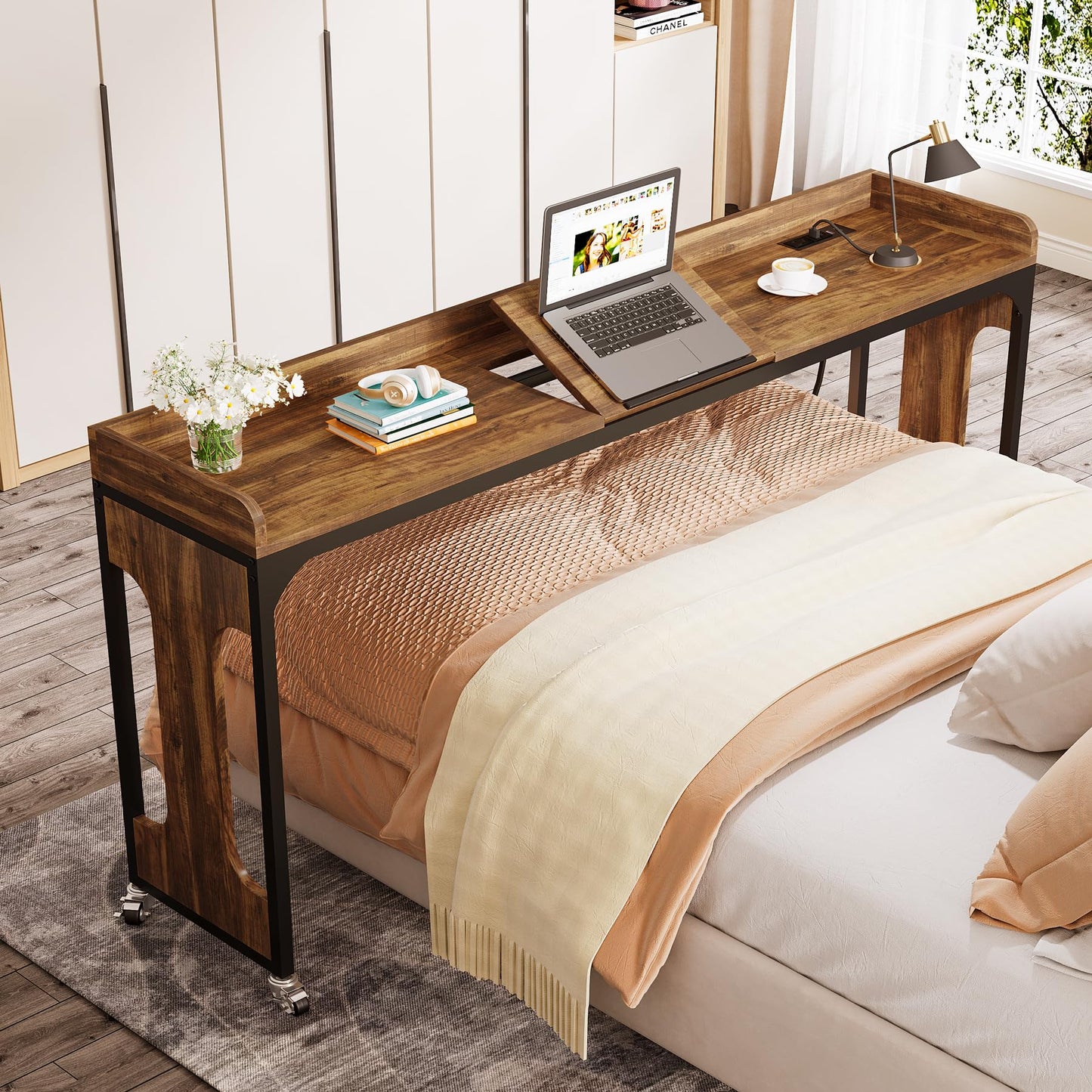 Tribesigns Overbed Table with Wheels, 71" Queen Size Bed Table with Adjustable Tilt Board, Mobile Laptop Cart with Outlets & USB Ports