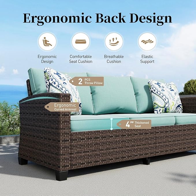 SUNSHINE VALLEY Patio Furniture Set Outdoor Furniture Brown Wicker Rattan Patio Conversation Sets with Cushion Outside Sofa Set,7 Pieces 9 Seats,Blue