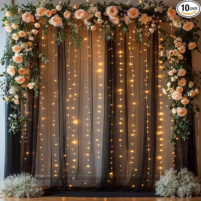 10x10ft Black Tulle Backdrop Curtains with Lights String for Parties,Wrinkle Free Sheer Curtain with Lights Wedding Photo ...