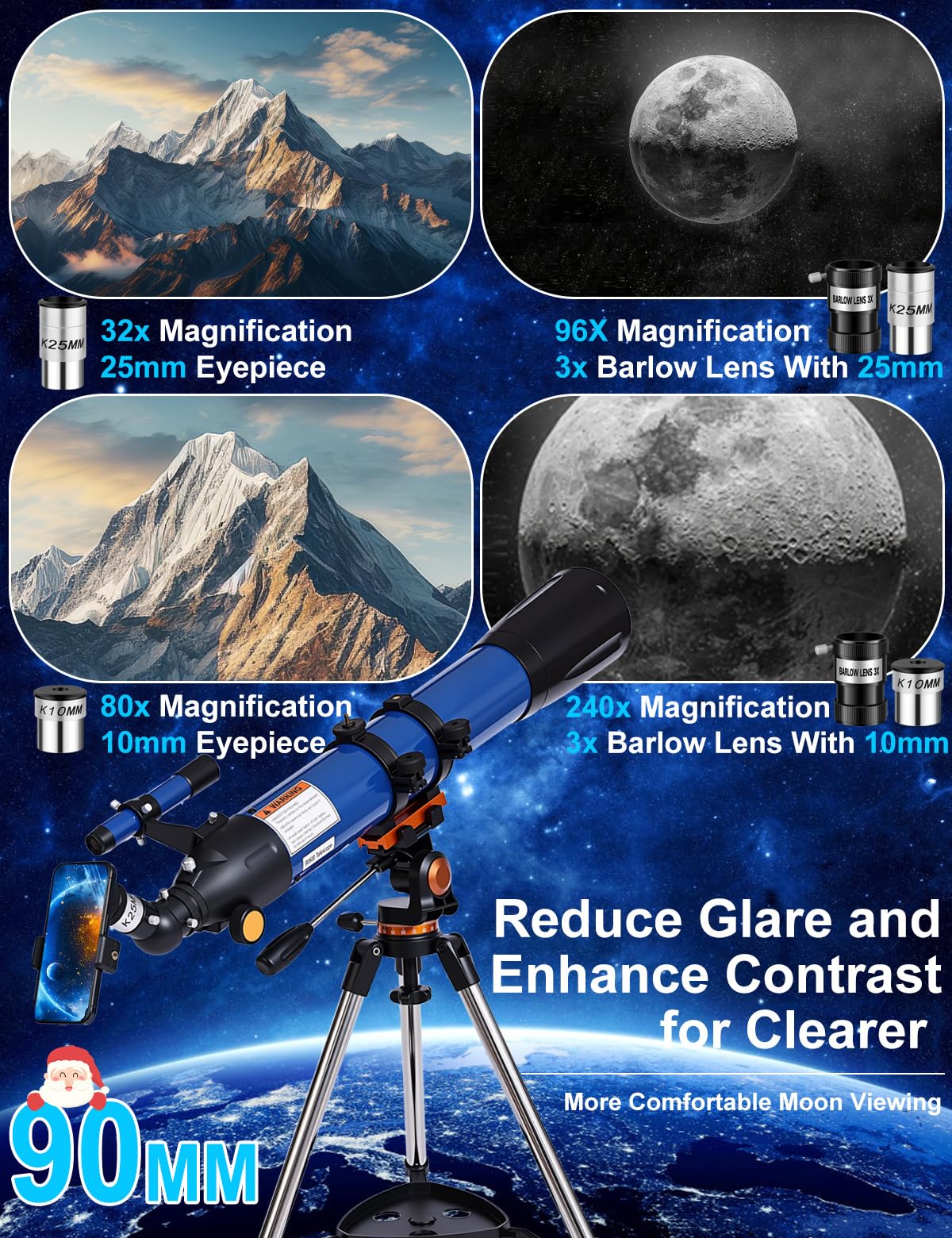 Uonol Telescope for Adults High Powered 90mm Aperture 800mm,Refractor Telescopes for Astronomy Beginners with AZ Mount Tripod,Phone Adapter,Carry Bag (80090blue)