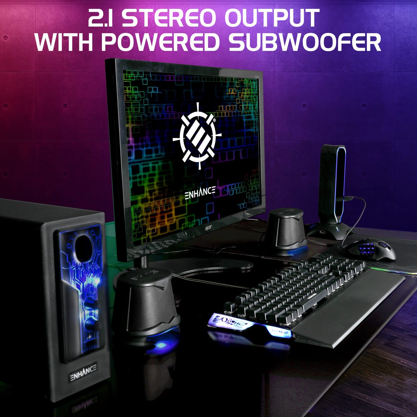Enhance Sb 2.1 Computer Speakers With Subwoofer - Red Led Gaming Speakers, Computer Subwoofer System, Ac Powered & 3.5Mm, Volume