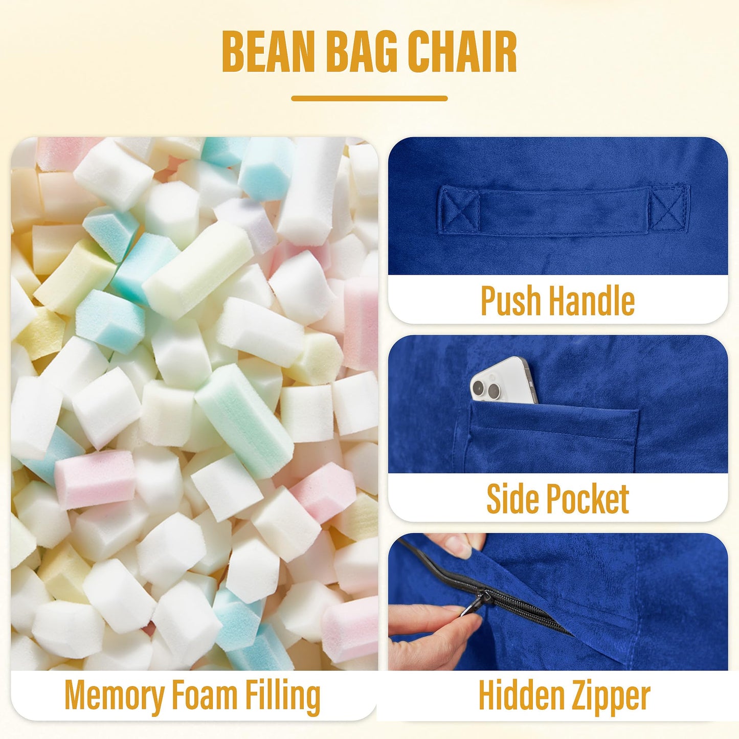 HABUTWAY Bean Bag Chair: Giant 6' Memory Foam Furniture Bean Bag Chair with Microfiber Cover - 6Ft,Blue