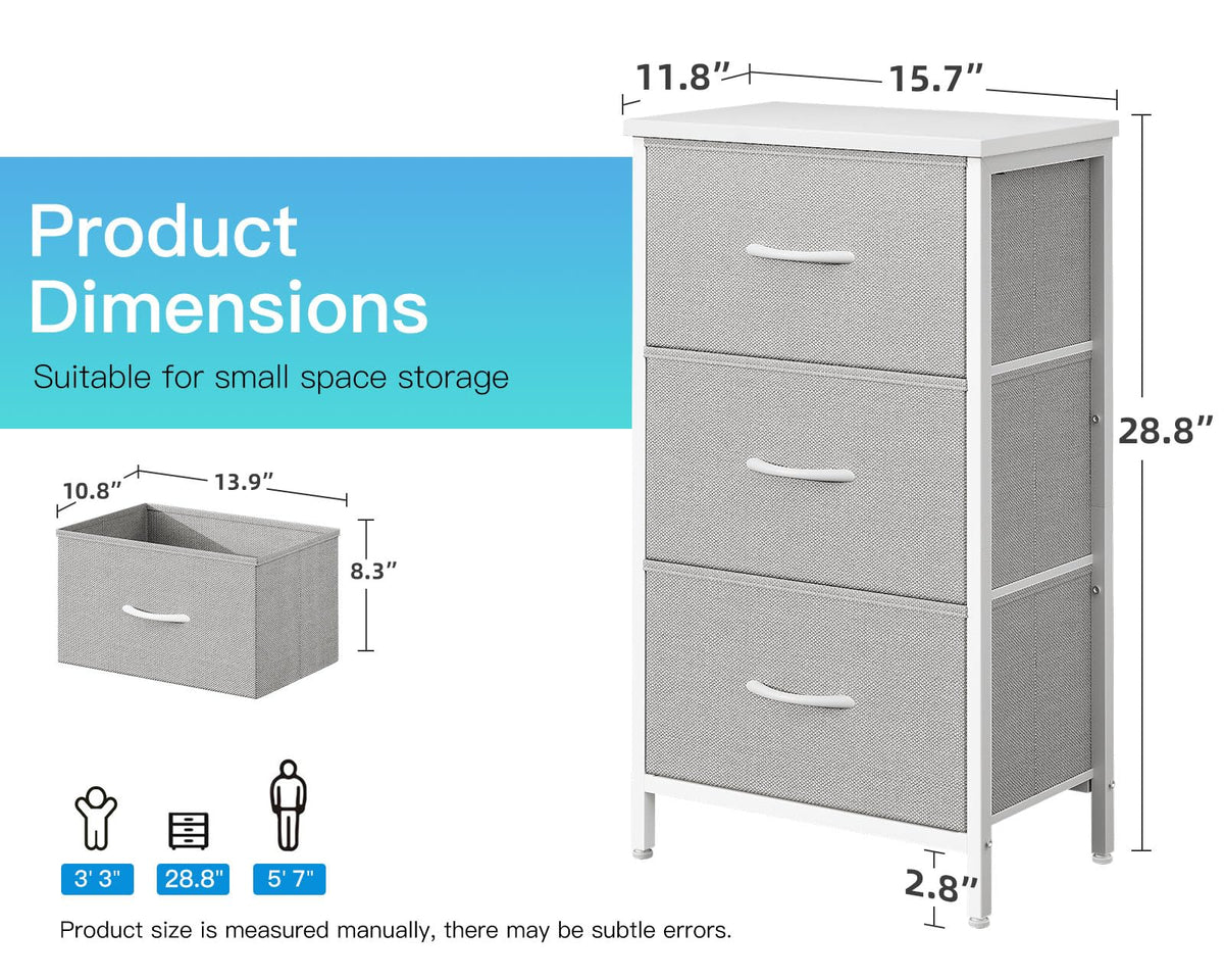 Casaottima Gray Dresser for Bedroom Nightstand, Small Fabric Dresser Chests of Drawers, Closet Organizers and Storage with 3 Drawers