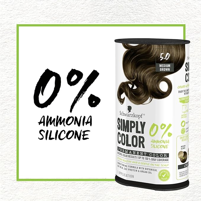 Schwarzkopf Simply Color Permanent Hair Dye, 5.0 Medium Brown, Long-Lasting with Nourishing Ingredients, No Ammonia or Silicone, All Hair Types